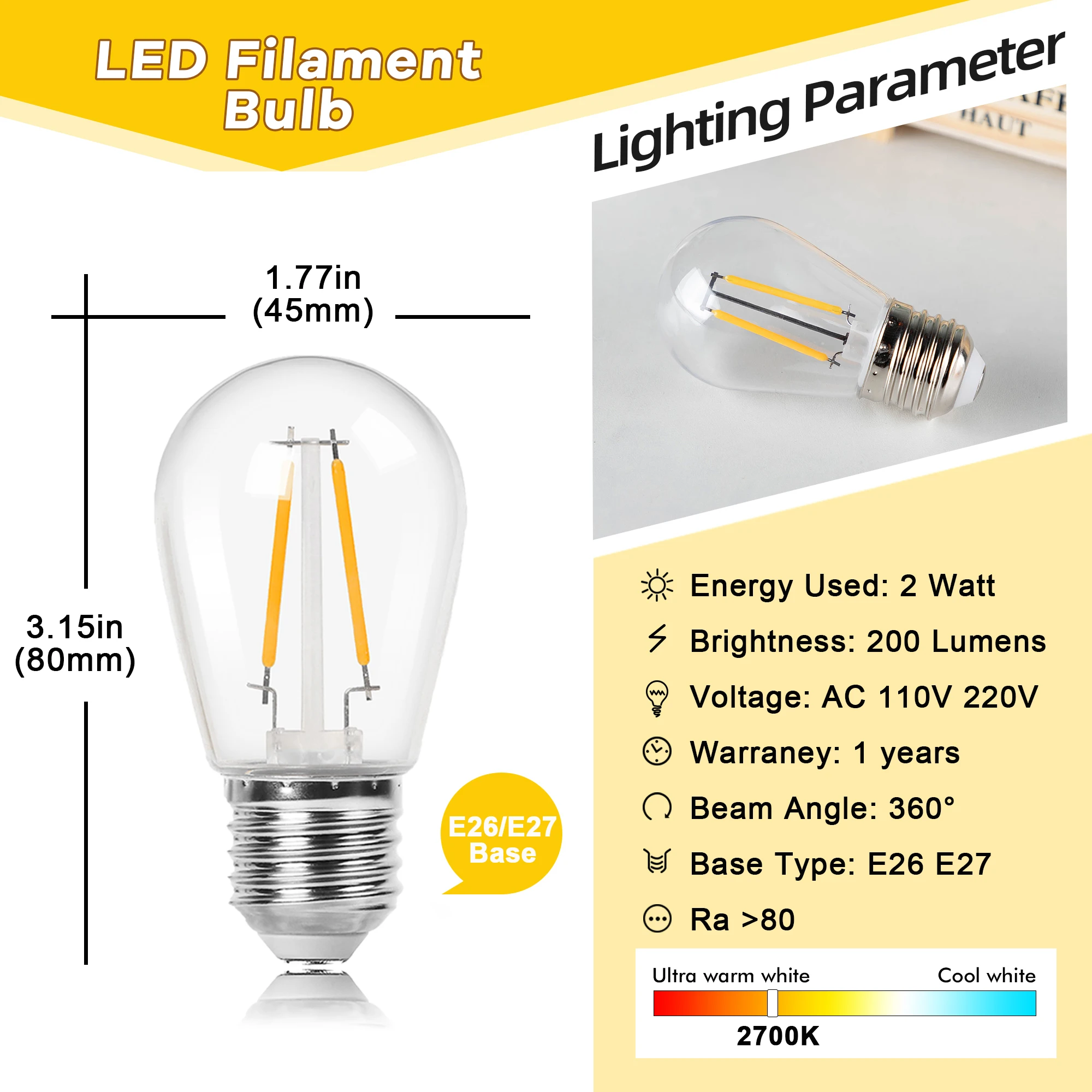 S14 2W Plastic Edison Light Bulbs Vintage Shatterproof E27 Base Warm White Equal to 20W Incandescent String Light Replace Bulb