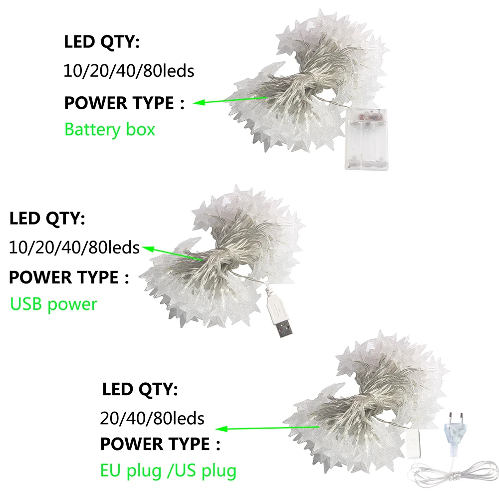 10L/20L/40L/80L LED Star String Lights Christmas Garland Battery USB Powered Wedding Party Curtain String Fairy Lamps For Home