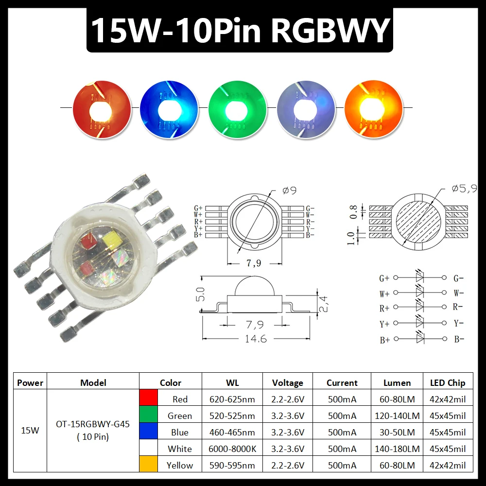 1-100pcs 3W 4W 5W 6W 15W 18W High Power LED RGB RGBW RGBWY RGBWYV 4pin 6pin 8pin 10pin 12pin Colorful Chip Stage lights Source