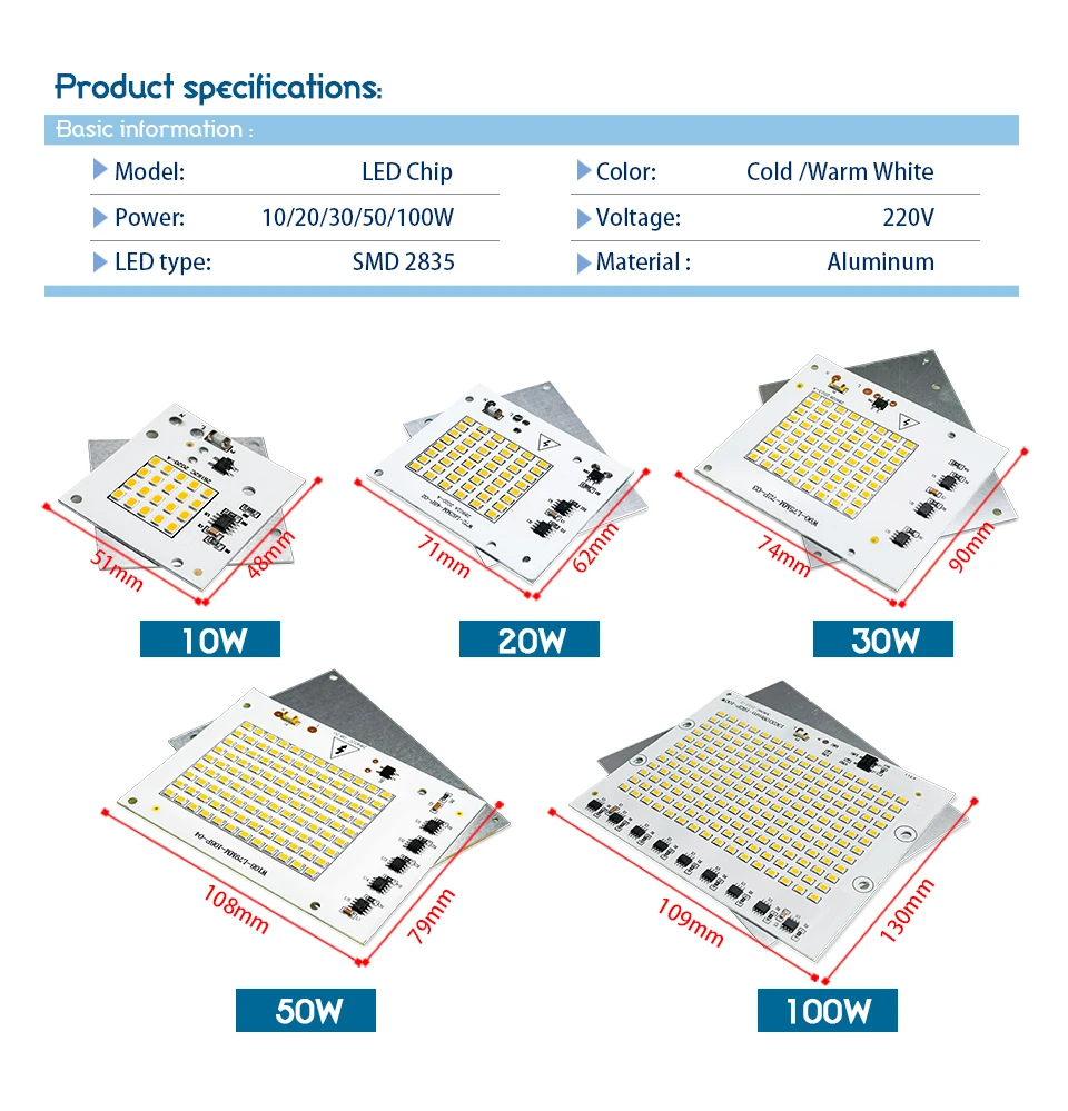 LED Chip 10W 20W 30W 50W 100W Flood Light Beads AC220V Smart IC SMD2835 Led Floodlight Lamp Chips for Outdoor Lighting Spotlight
