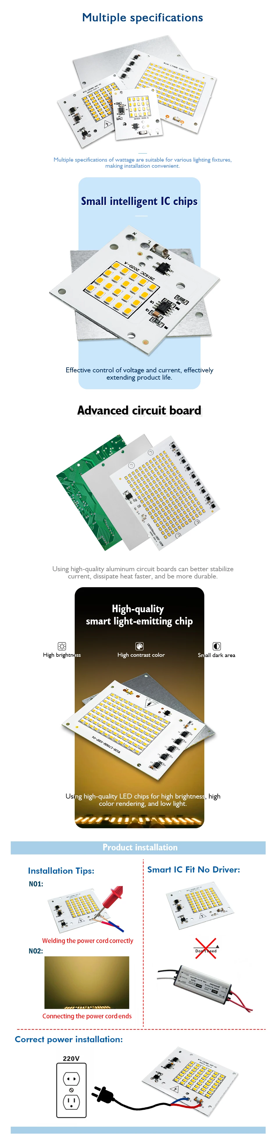 LED Chip 10W 20W 30W 50W 100W Flood Light Beads AC220V Smart IC SMD2835 Led Floodlight Lamp Chips for Outdoor Lighting Spotlight