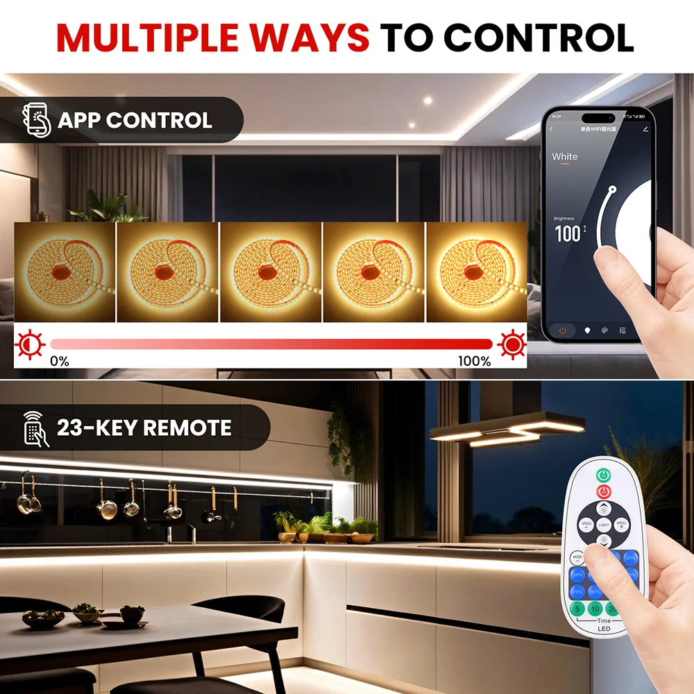 220V 2835 LED Strip Light Wall Touch Wifi Bluetooth 23key Remote Control Power Kit Dimmable 120 LEDs Flexible Tape Waterproof