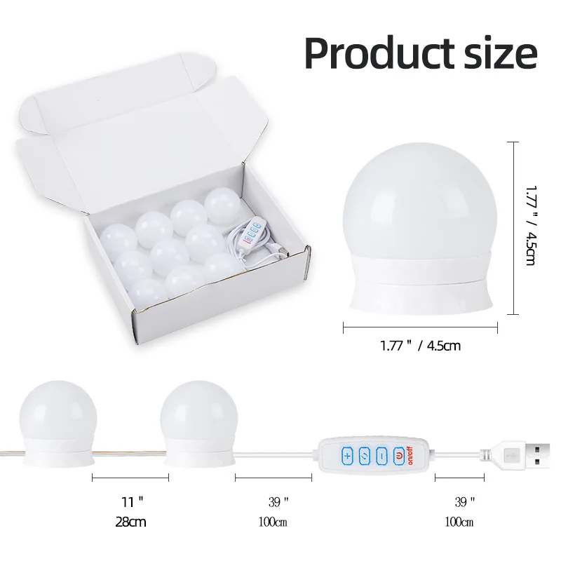 Hollywood Makeup Vanity Mirror Light Stick On Professional Adjustable 3 Colors LED USB Bulbs String Stepless Dimmable Lamp