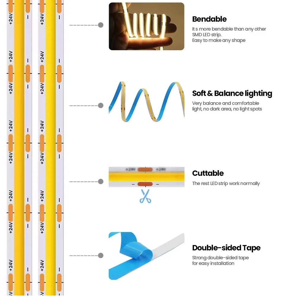 DC24V Zigbee 3.0 COB LED Strip 2M-10M One Roll Flexible Tape Ribbon Lighting 3000K 6000K App Smart for Tuya Smartthings 2MQTT