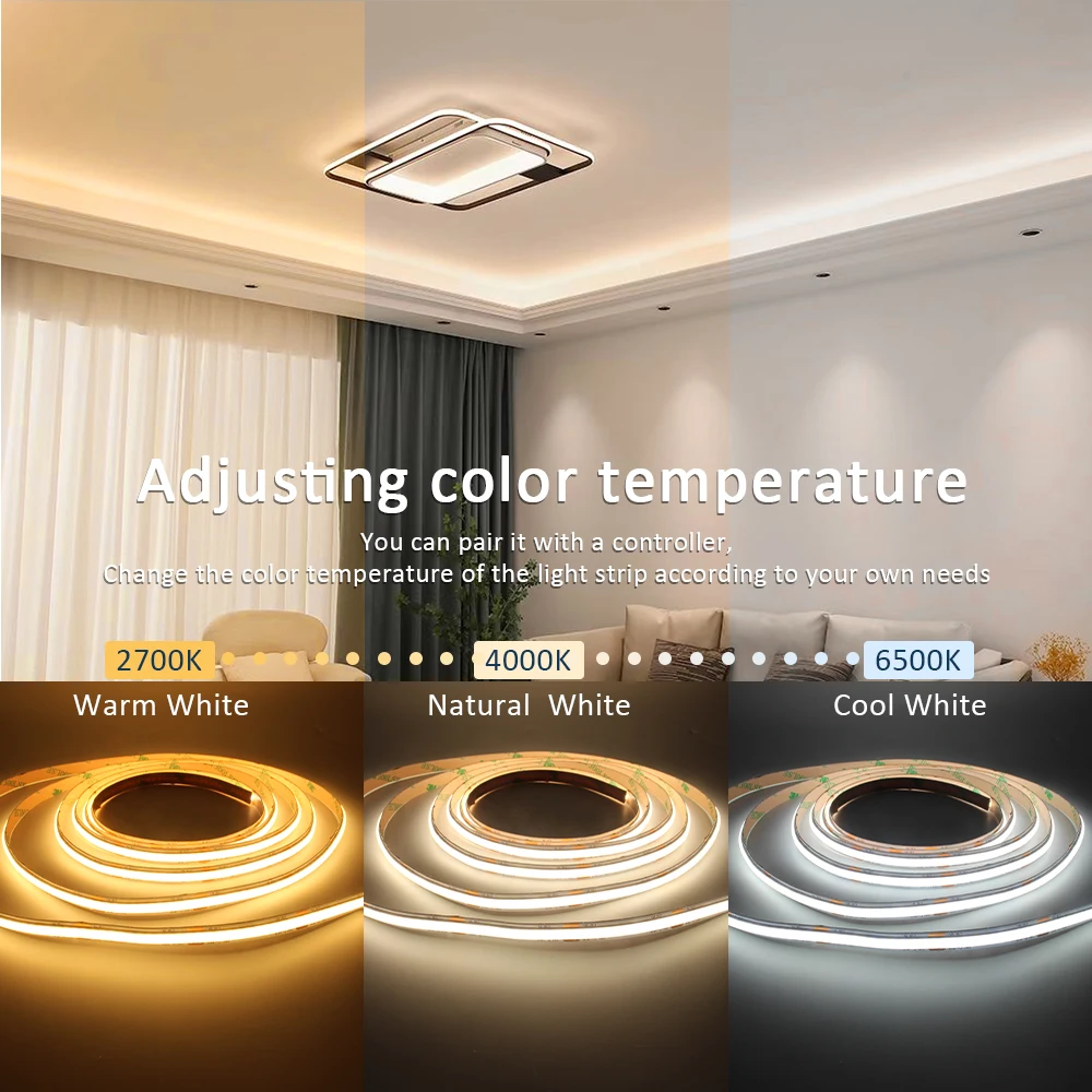 CCT COB LED Strip Light 24V Dimmable 1M 2M 3M 4M 5M WW CW Dual White FCOB LED Tape Ribbon Linear Lamp with RF Remote Control Kit