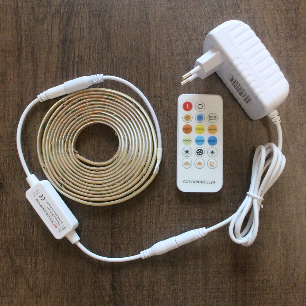 CCT COB LED Strip Light 24V Dimmable 1M 2M 3M 4M 5M WW CW Dual White FCOB LED Tape Ribbon Linear Lamp with RF Remote Control Kit