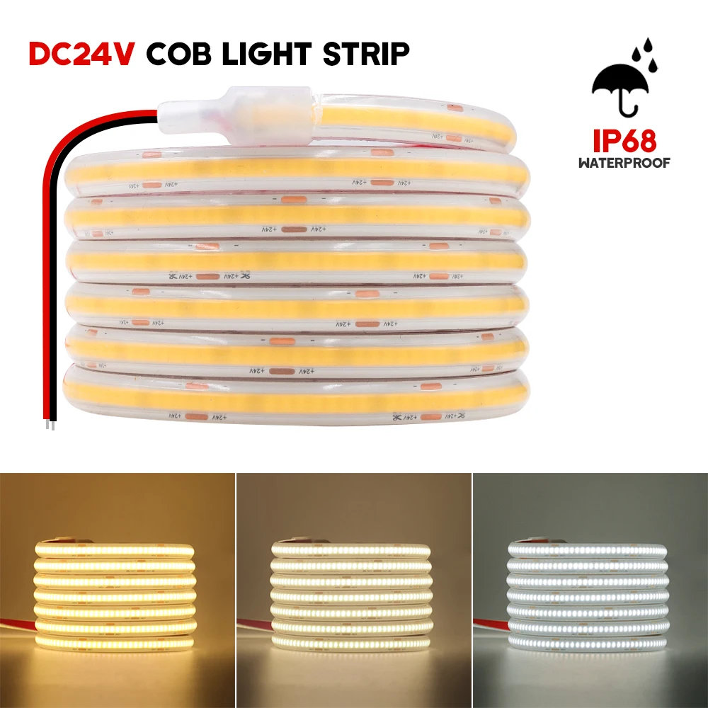 IP68 Waterproof COB LED Strip 12V 24V Flexible Ribbon Tape 320LEDs High Density Linear Light for Home Decoration 0.5-10M