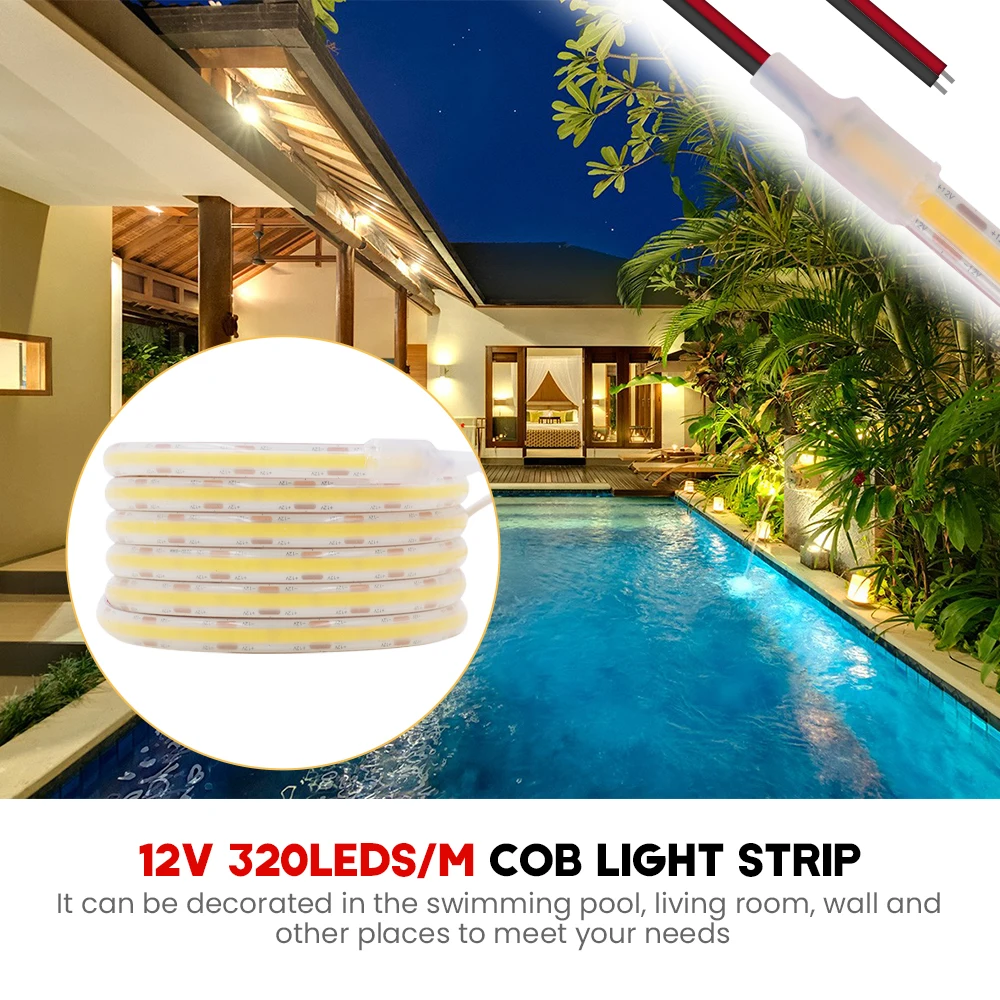 IP68 Waterproof COB LED Strip 12V 24V Flexible Ribbon Tape 320LEDs High Density Linear Light for Home Decoration 0.5-10M