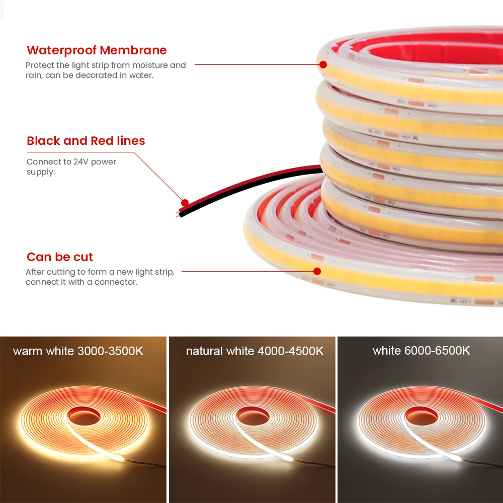 IP68 Waterproof COB LED Strip 12V 24V Flexible Ribbon Tape 320LEDs High Density Linear Light for Home Decoration 0.5-10M
