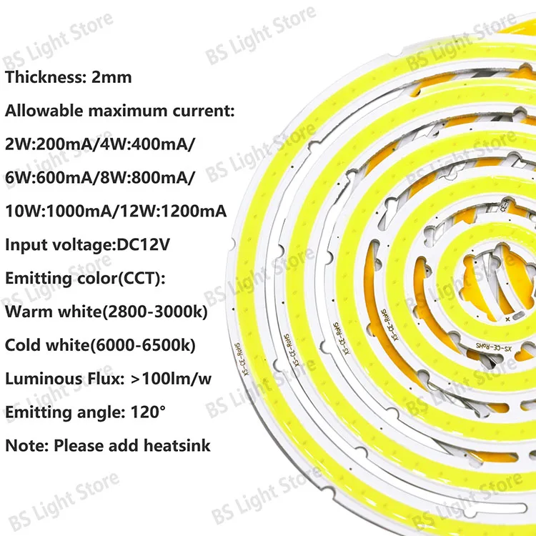 12V 2W 4W 6W 8W 10W 12W Angel Eye LED COB Light Source 20mm 40mm 60mm 80mm 100mm 120mm Accessories Suitable DIY Light Bulb White