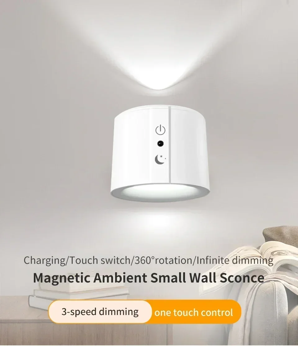 Double Head Magnetic LED Wall Lamp Rechargeable 360° Rotation Wireless Remote Control Spotlight For Bedroom Living Room Decor