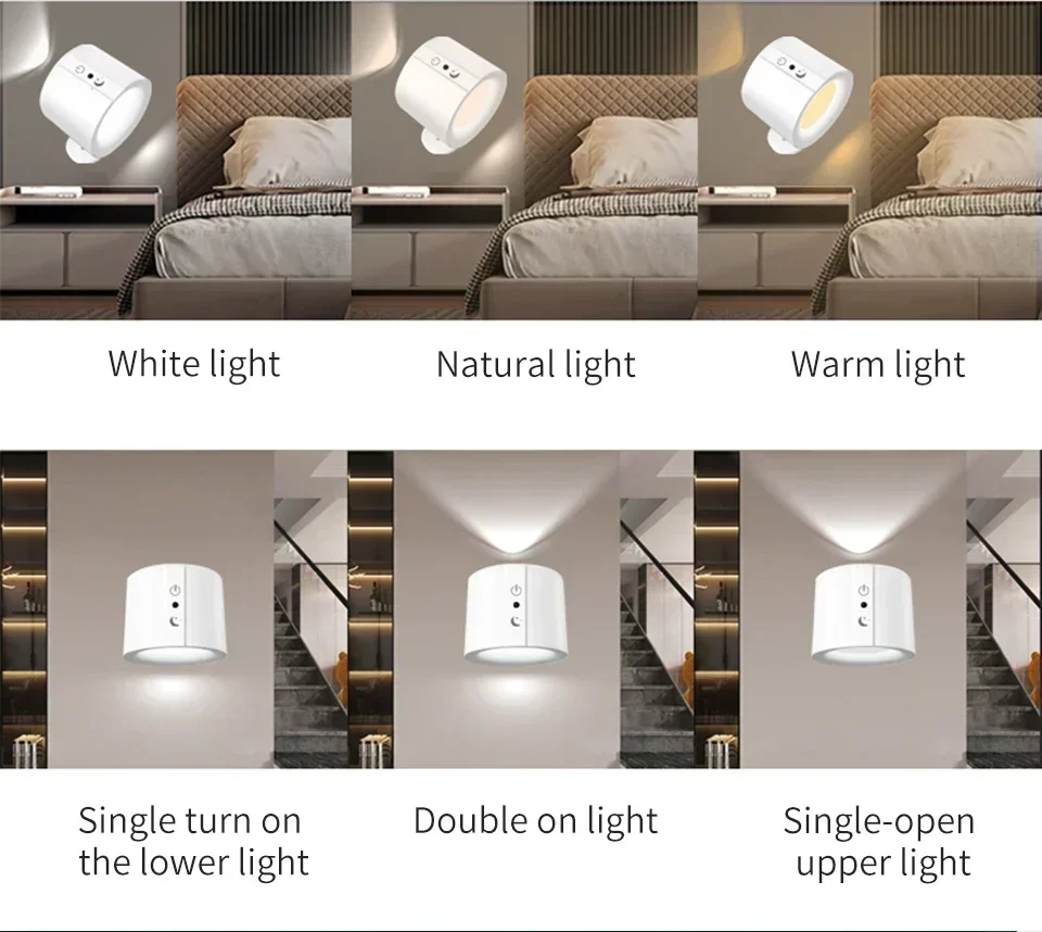 Double Head Magnetic LED Wall Lamp Rechargeable 360° Rotation Wireless Remote Control Spotlight For Bedroom Living Room Decor