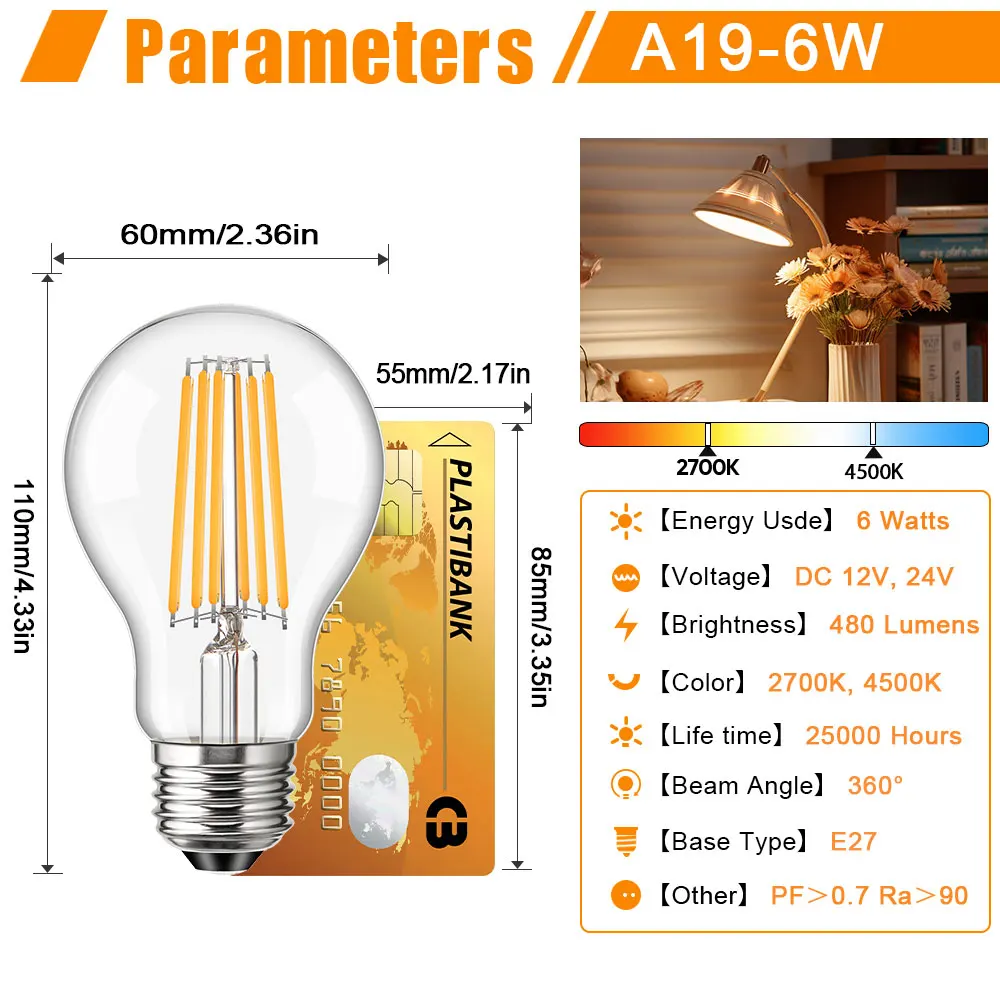 24V 12V Low Voltage LED Bulb Warm White 2700K 6W E27 A19 Light Bulbs for Off-Grid Solar Battery Systems RVs Marine Lighting