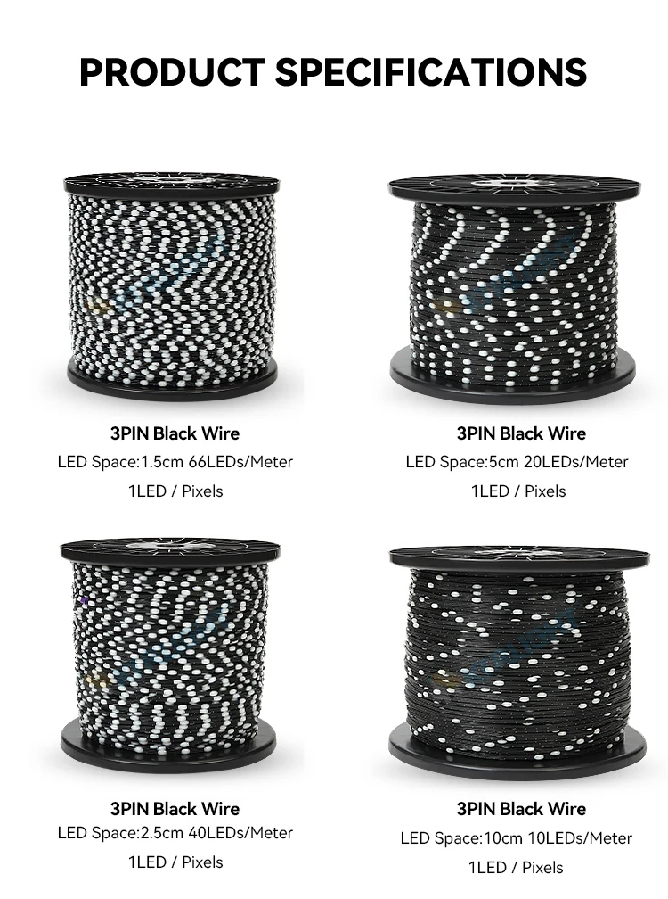 DC12V WS2811 3PIN Pixel String Signal RGB Addressable Fairy Lights for Room Decor, Ramadan, Outdoor IP68 Black Wire Pitch