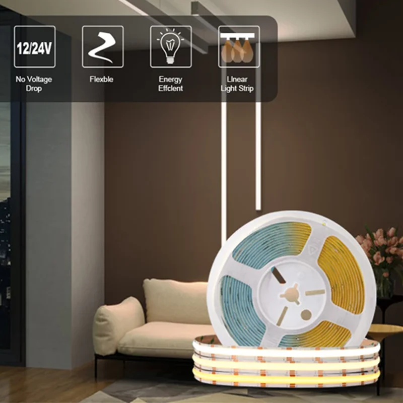 5V 12V 24V CCT COB LED Strip 2700K to 6500K Color-Changing LED Tape Dimmable Bicolor Ribbon Dual Color Linear Light Ra90 3 Wires