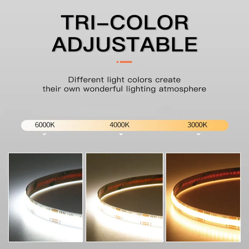 5V 12V 24V CCT COB LED Strip 2700K to 6500K Color-Changing LED Tape Dimmable Bicolor Ribbon Dual Color Linear Light Ra90 3 Wires