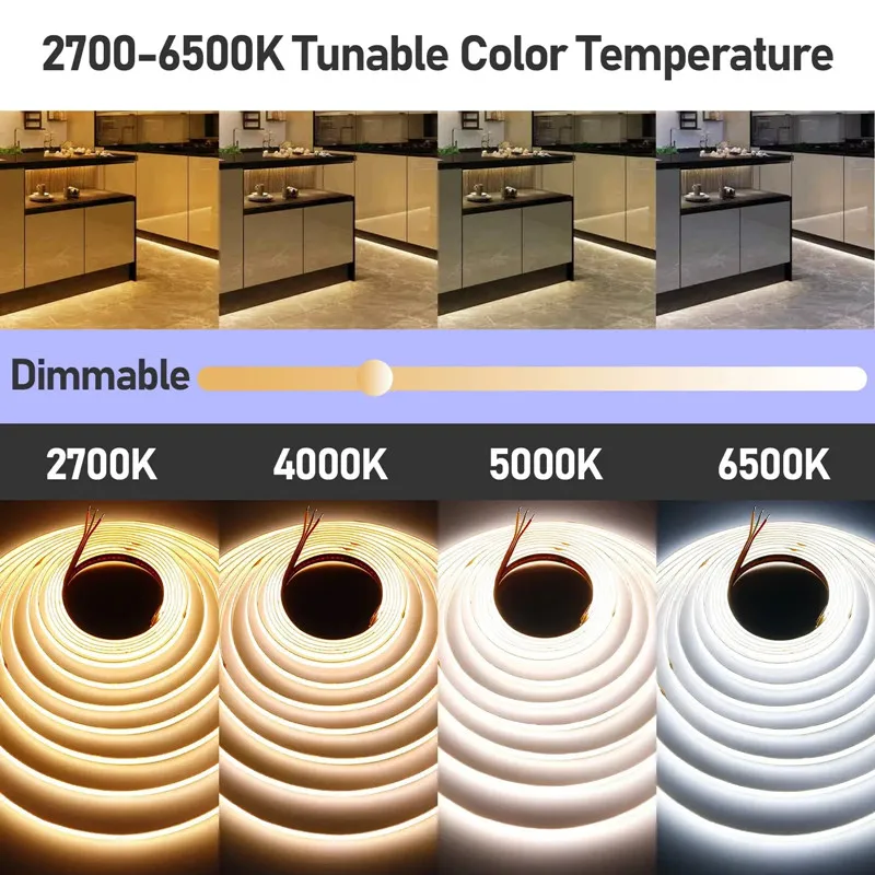 5V 12V 24V CCT COB LED Strip 2700K to 6500K Color-Changing LED Tape Dimmable Bicolor Ribbon Dual Color Linear Light Ra90 3 Wires