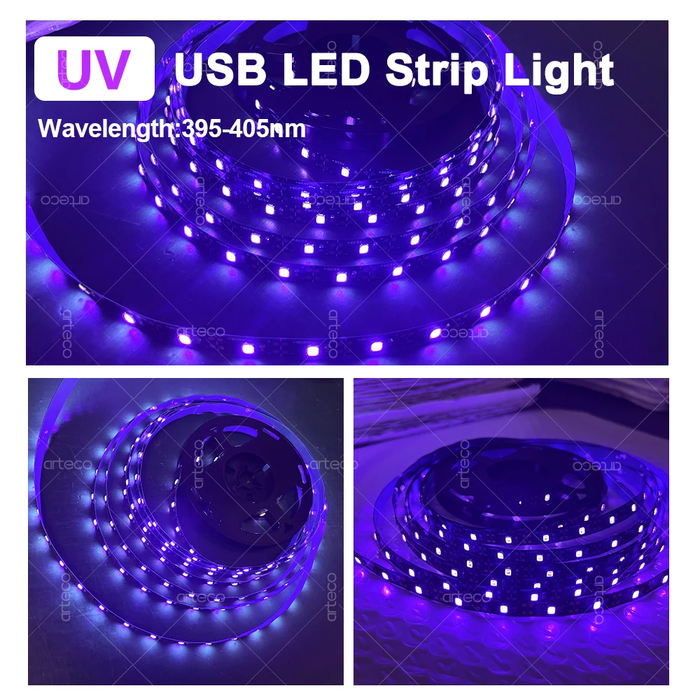 UV LED Light Strip Flexible LED Strip Light Ultraviolet 395-405nm Black Light 2835 SMD UV Lamp DC 5V LED Ribbon For Glow Party