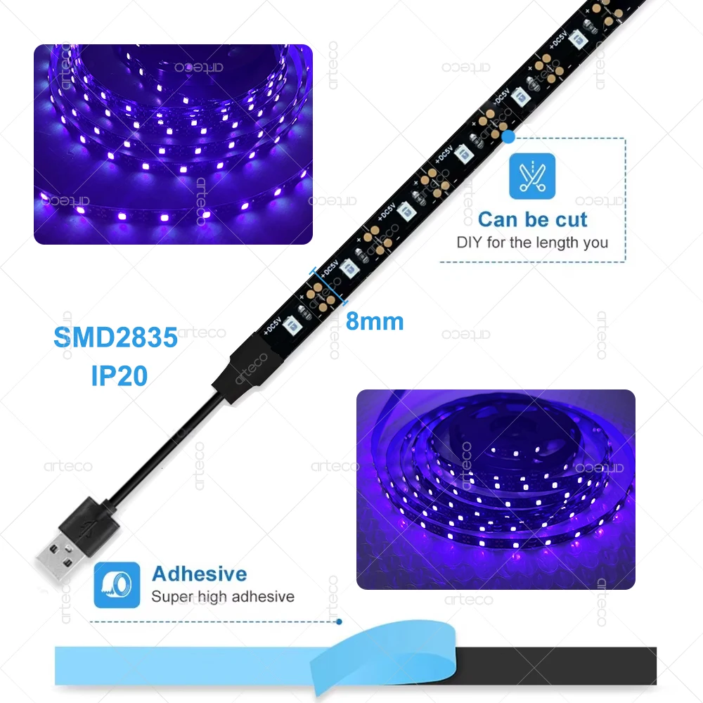 UV LED Light Strip Flexible LED Strip Light Ultraviolet 395-405nm Black Light 2835 SMD UV Lamp DC 5V LED Ribbon For Glow Party