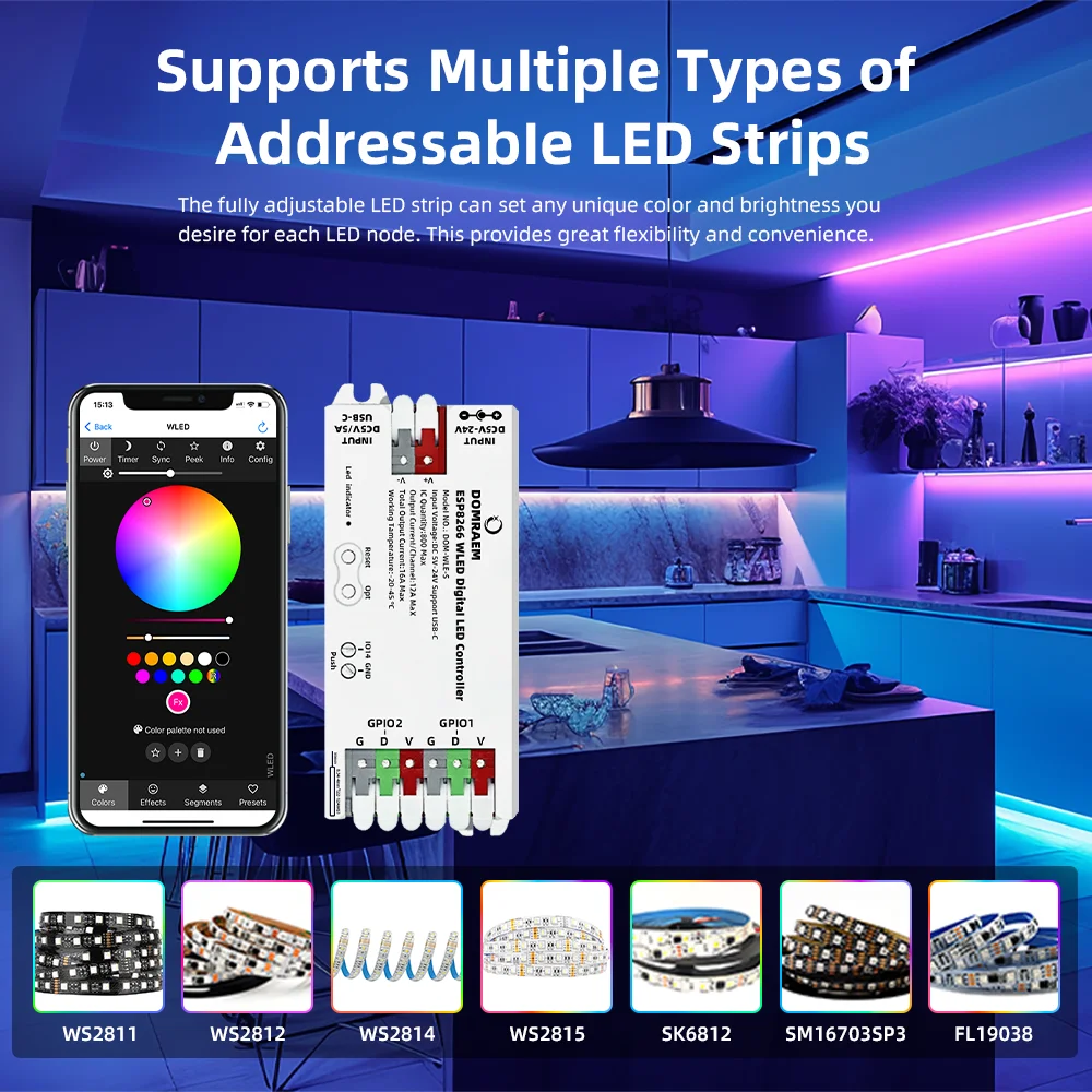 DOMRAEM ESP8266 WLED USB-C Addressable LED Controller Supports WS2811/12/12B/13/14/05 Digital Strips ETC. 1600 RGB IC | 16A Fuse