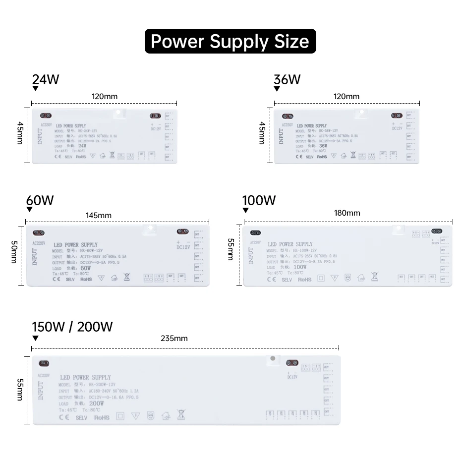 24W-200W LED Cabinet Light Transformer Power Supply AC220V to DC12V/24V with 7/9/10x DuPont Ports for Integrated Lighting