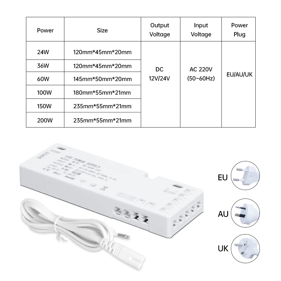 24W-200W LED Cabinet Light Transformer Power Supply AC220V to DC12V/24V with 7/9/10x DuPont Ports for Integrated Lighting