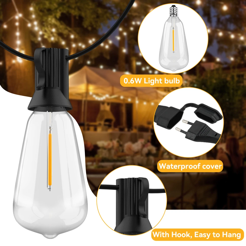 Outdoor String Light ST38 Patio Hanging Lights Garden Decorative Light String With Shatterproof LED Bulbs 2200K For Outside