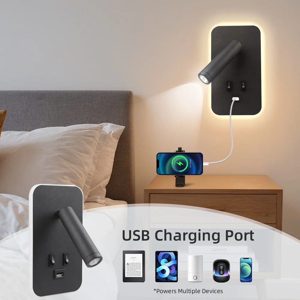 Wall Lamp with Chargeable USB Port Bedside LED Reading Bedroom Wall Lights Rotatable Head Wall Sconce for Living Room Home Decor