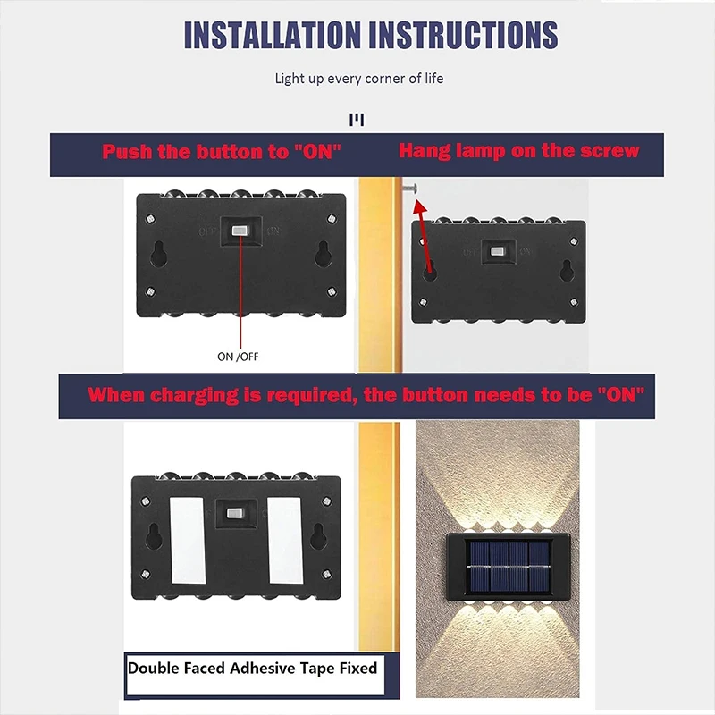 1~4Pcs Solar Wall Lights Outdoor 16LED Waterproof Lamp Up And Down Convex Lens Lighting For Garden Landscape Balcony Decoration