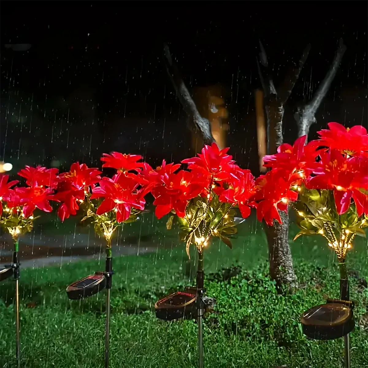 LED Solar Christmas Flower Poinsettia Artificial Flower Light, Suitable for Decorating Christmas Gardens, Lawns, and Courtyards