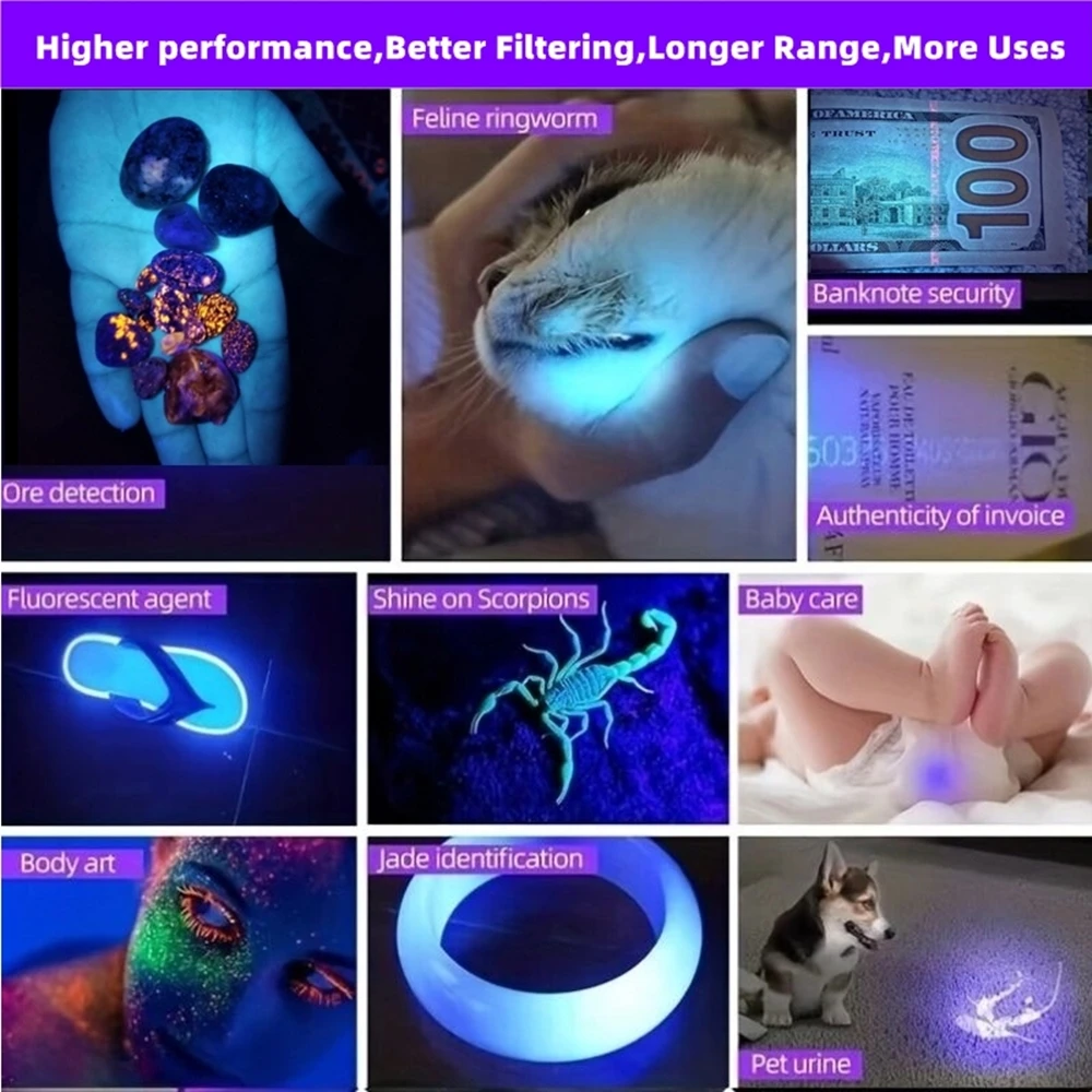 3x365nm/395nm UV LED Flashlight High Power Blacklight USB Rechargeable CatDog Pet Stain Tinea UV Glue Curing Scorpion Lamp Torch