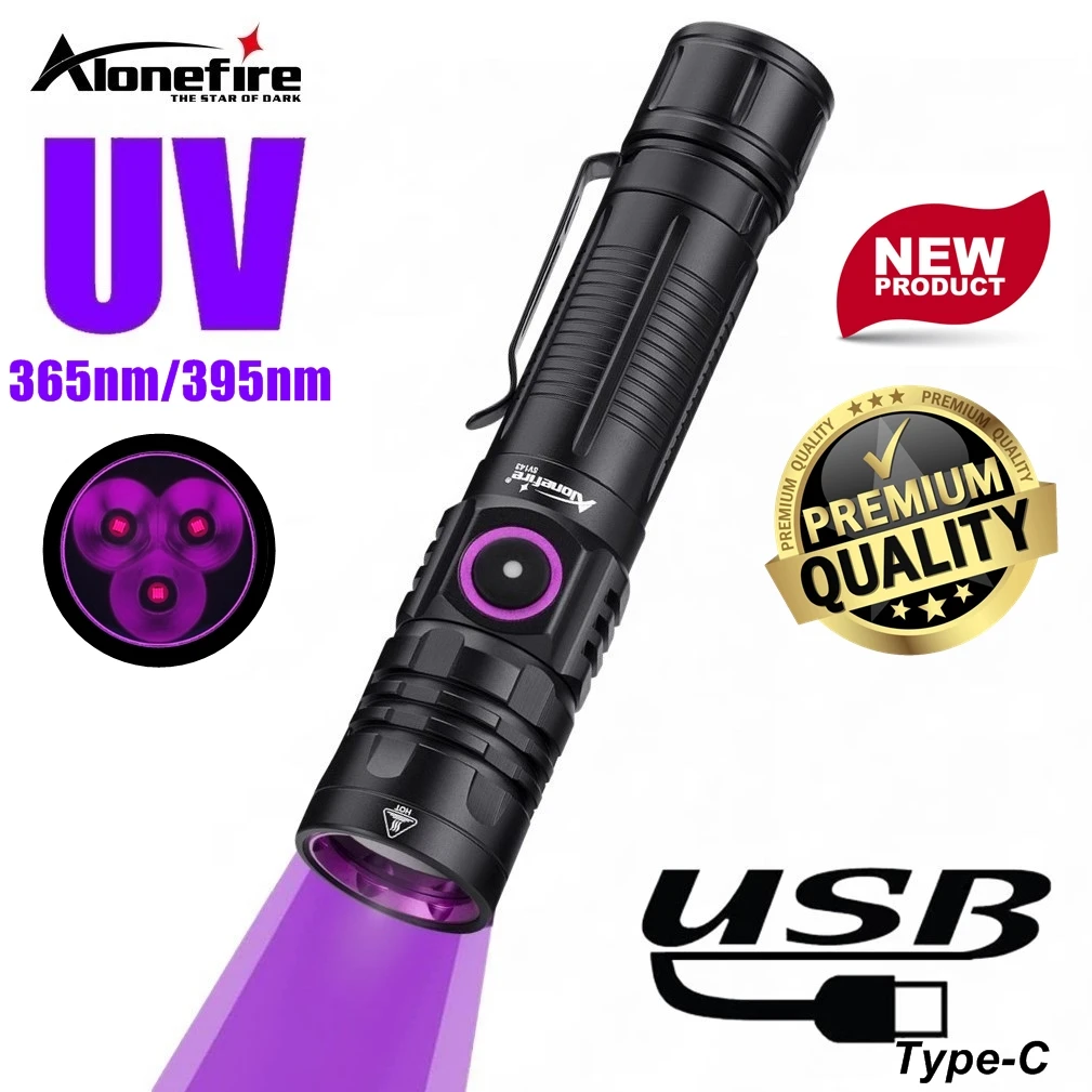 3x365nm/395nm UV LED Flashlight High Power Blacklight USB Rechargeable CatDog Pet Stain Tinea UV Glue Curing Scorpion Lamp Torch