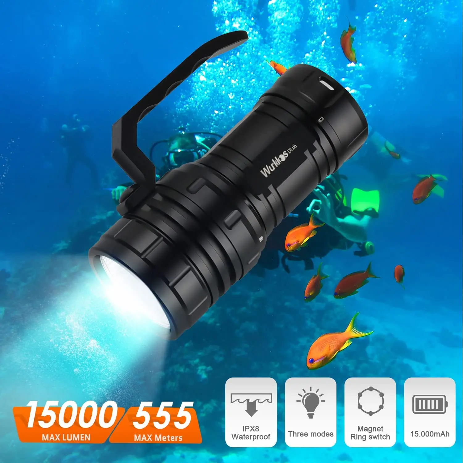 Wurkkos DL06 Diving Torch 15000LM High Power Rechargeable LED Flashlight 3*21700 6*XHP50.2 Power Bank IPX8 Underwater Work Light