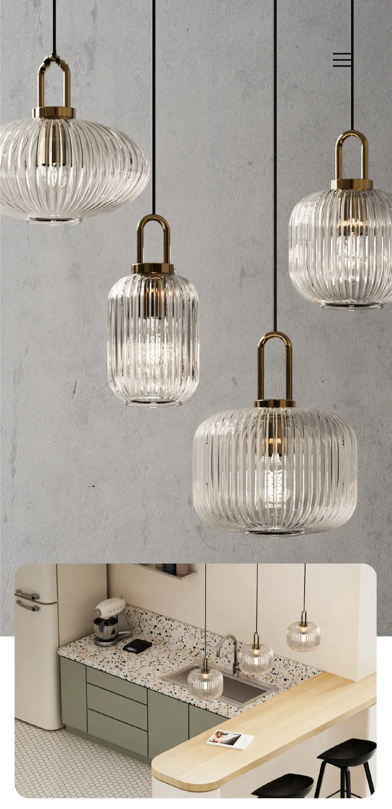 Modern Glass Pendant Light Striped Glass Single Head Chandelier Dining Room Kitchen Bedroom Bedside Living Room Home Decoration