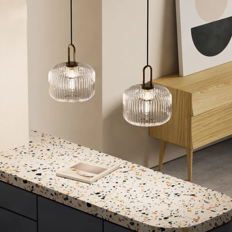 Modern Glass Pendant Light Striped Glass Single Head Chandelier Dining Room Kitchen Bedroom Bedside Living Room Home Decoration