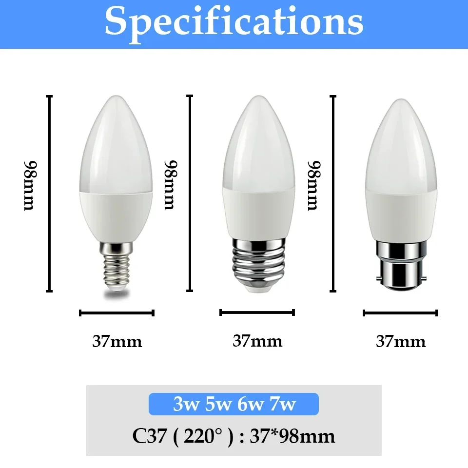 10pcs C37 BASE E27 E14 B22 Led Bulb 220V Candle Bulb Energy Saving Lamp 3W 5W 6W 7W Led Chandelier Light for Home Decoration
