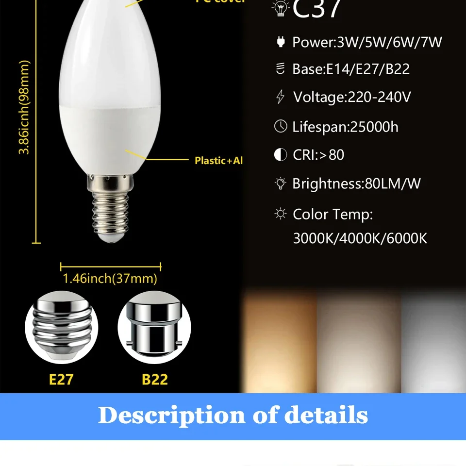 10pcs C37 BASE E27 E14 B22 Led Bulb 220V Candle Bulb Energy Saving Lamp 3W 5W 6W 7W Led Chandelier Light for Home Decoration