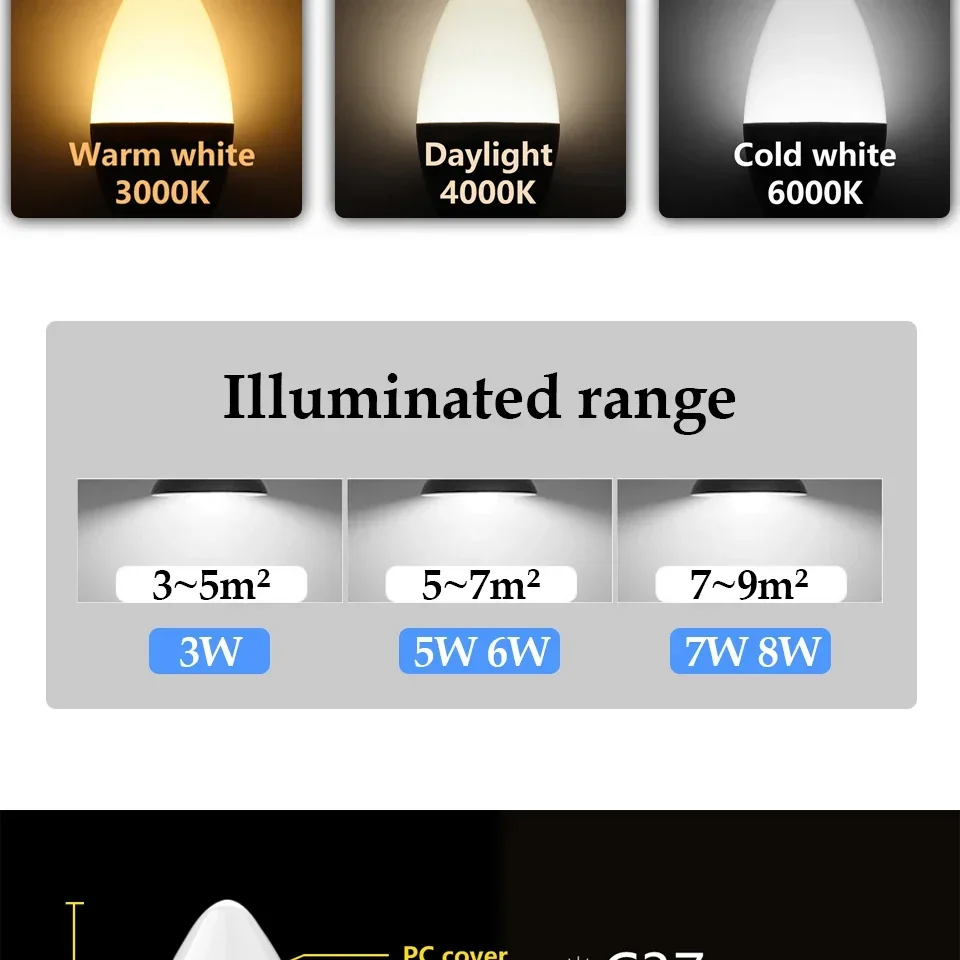 10pcs C37 BASE E27 E14 B22 Led Bulb 220V Candle Bulb Energy Saving Lamp 3W 5W 6W 7W Led Chandelier Light for Home Decoration