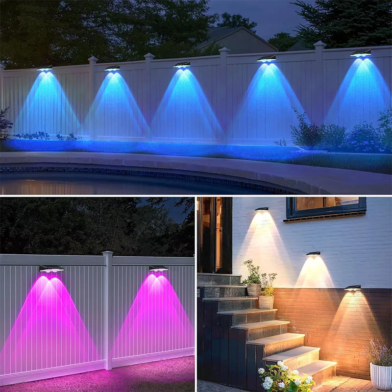 1-4Pcs Solar Powered LED Fence Lights Outdoor Waterproof Wall Lamp RGB or 3 Colors Auto ON/Off for Outside Patio Step Decor