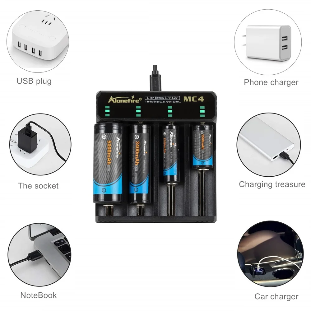 4-Channel 5V 2A USB Charger For 3.7v Rechargeable Li-ion Battery 26650/16340/14500/21700/18650/10440 Flashlight Headlamp Torch