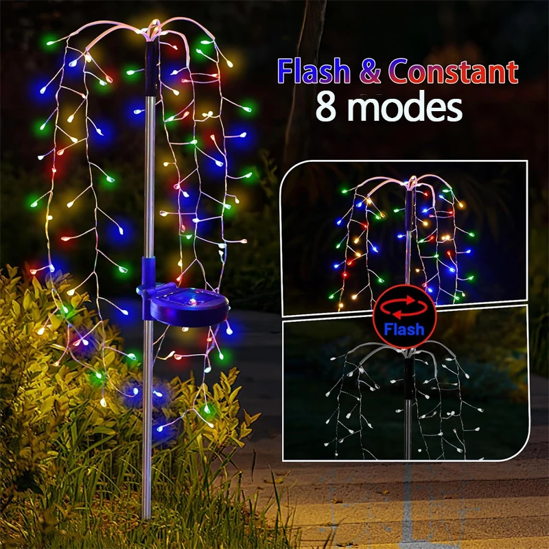 1pc 200LED Solar Firecracker Willow Firework Lights Outdoor 8 Lighting Modes IP65 Smart Light For Yard Garden Path Decoration