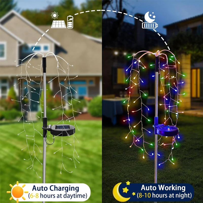 1pc 200LED Solar Firecracker Willow Firework Lights Outdoor 8 Lighting Modes IP65 Smart Light For Yard Garden Path Decoration