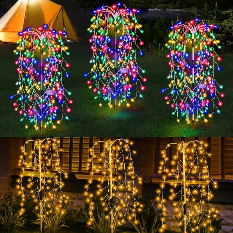 1pc 200LED Solar Firecracker Willow Firework Lights Outdoor 8 Lighting Modes IP65 Smart Light For Yard Garden Path Decoration