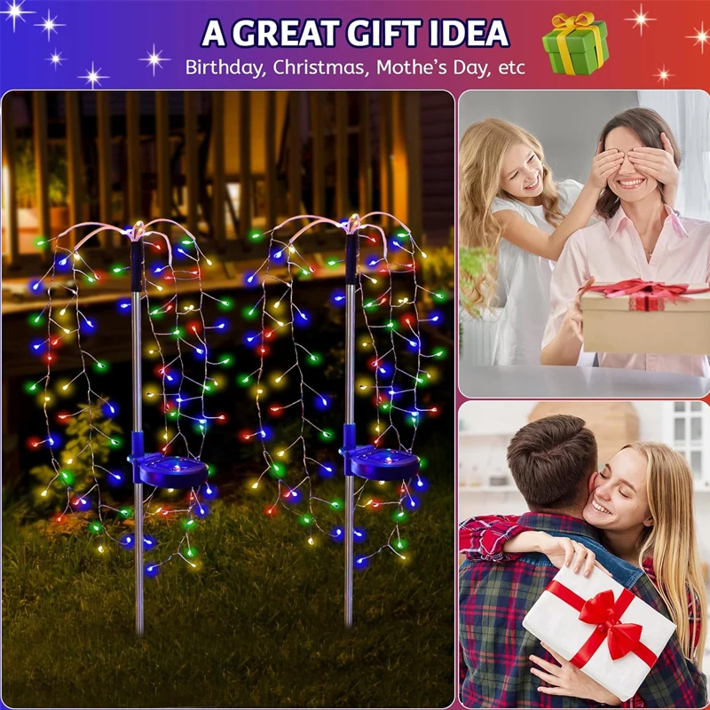 1pc 200LED Solar Firecracker Willow Firework Lights Outdoor 8 Lighting Modes IP65 Smart Light For Yard Garden Path Decoration