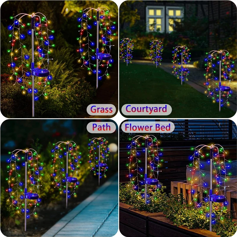 1pc 200LED Solar Firecracker Willow Firework Lights Outdoor 8 Lighting Modes IP65 Smart Light For Yard Garden Path Decoration