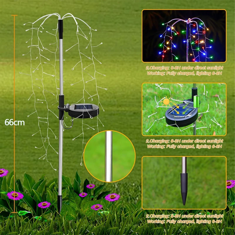 1pc 200LED Solar Firecracker Willow Firework Lights Outdoor 8 Lighting Modes IP65 Smart Light For Yard Garden Path Decoration