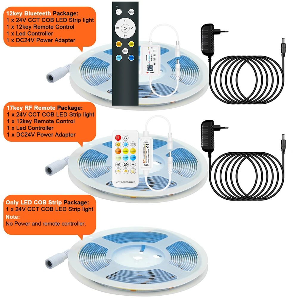 Bluetooth Remote CCT COB LED Strip Light 17key 12key RF Control EU/US/UK/AU Power Kit 24V 576 LEDs Flex Tape 4000K 5000K 6000K