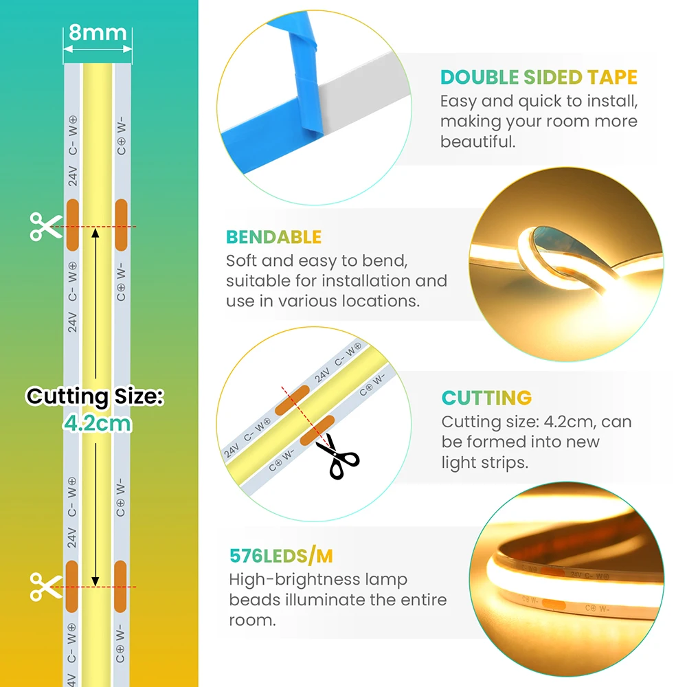 Bluetooth Remote CCT COB LED Strip Light 17key 12key RF Control EU/US/UK/AU Power Kit 24V 576 LEDs Flex Tape 4000K 5000K 6000K