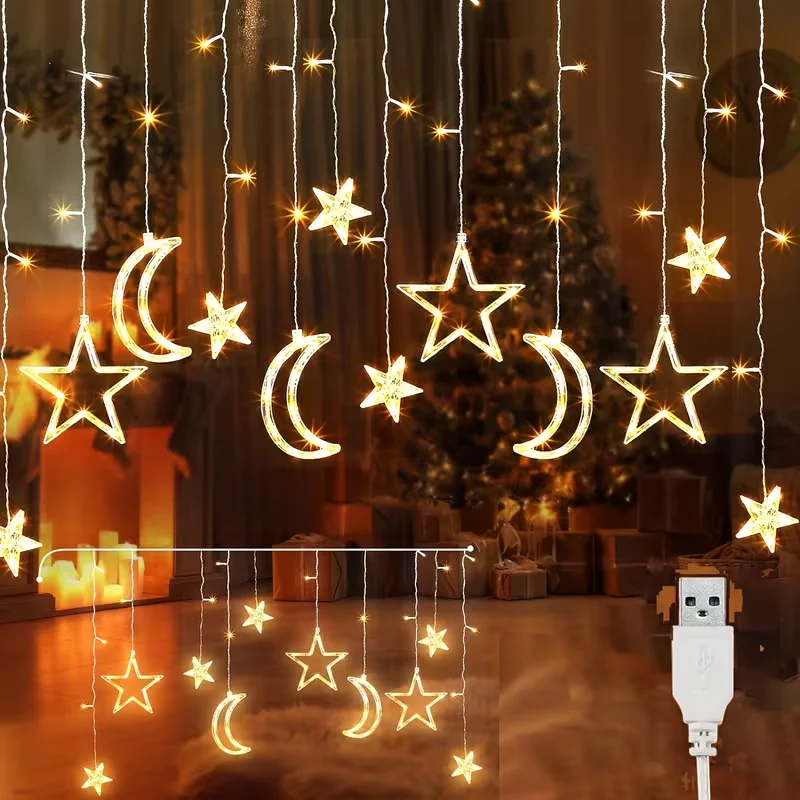 USB Powered Star Moon String Lights Warm/Multicolor Hanging LED Fairy Lamp Curtain Light String for Room Christmas NewYear Decor