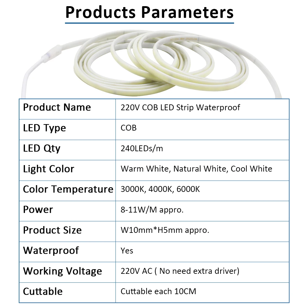 AC220V COB LED Strip Light IP67 Waterproof Flexible Ribbon 2Pin Wire/EU Plug Tape Lamp 3000K/4000K/6000K Outdoor Linear Lighting